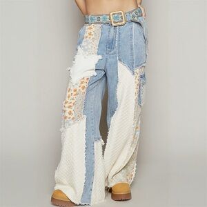 POL Bohemian Star Patchwork Denim Pants Jeans S M L